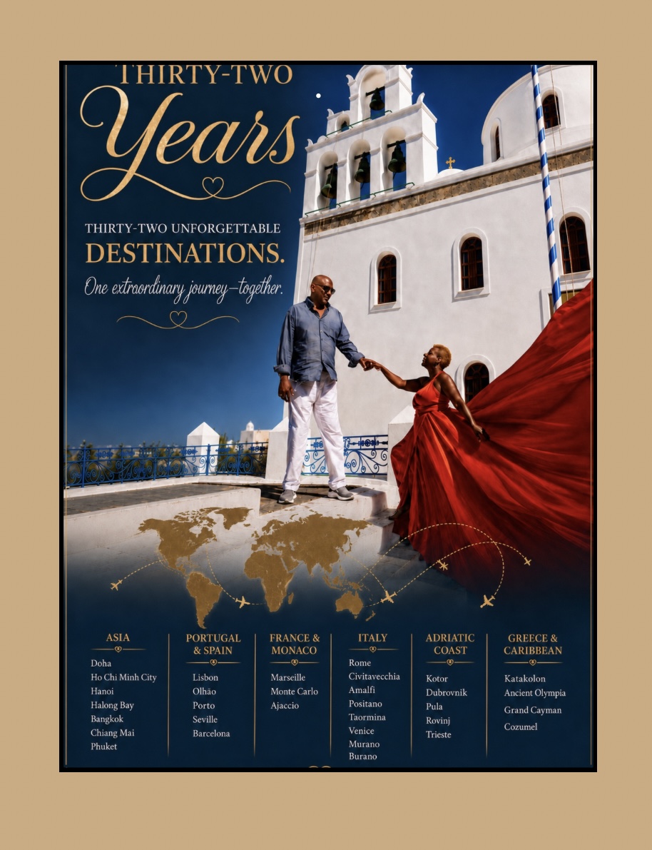 Personalized 32-year anniversary travel greeting card by My Artful Gifts
