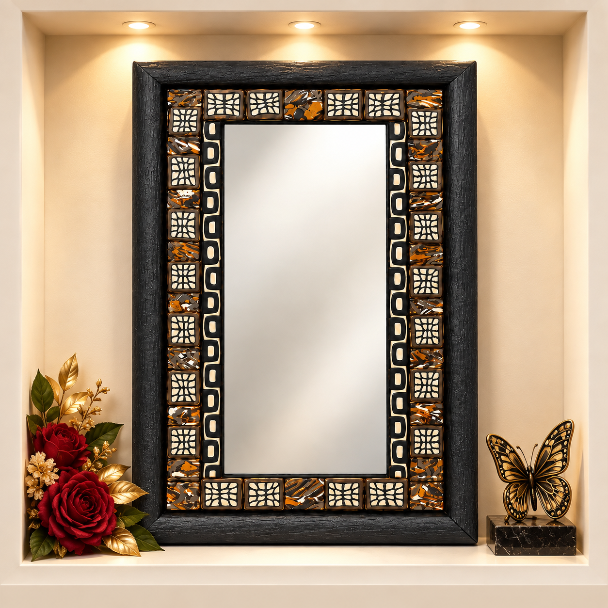 Handcrafted black-framed polymer clay mirror displayed with warm lighting, red roses and a butterfly accent