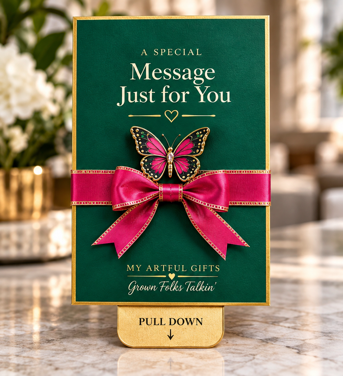 Closed emerald My Artful Gifts card with fuchsia ribbon and butterfly