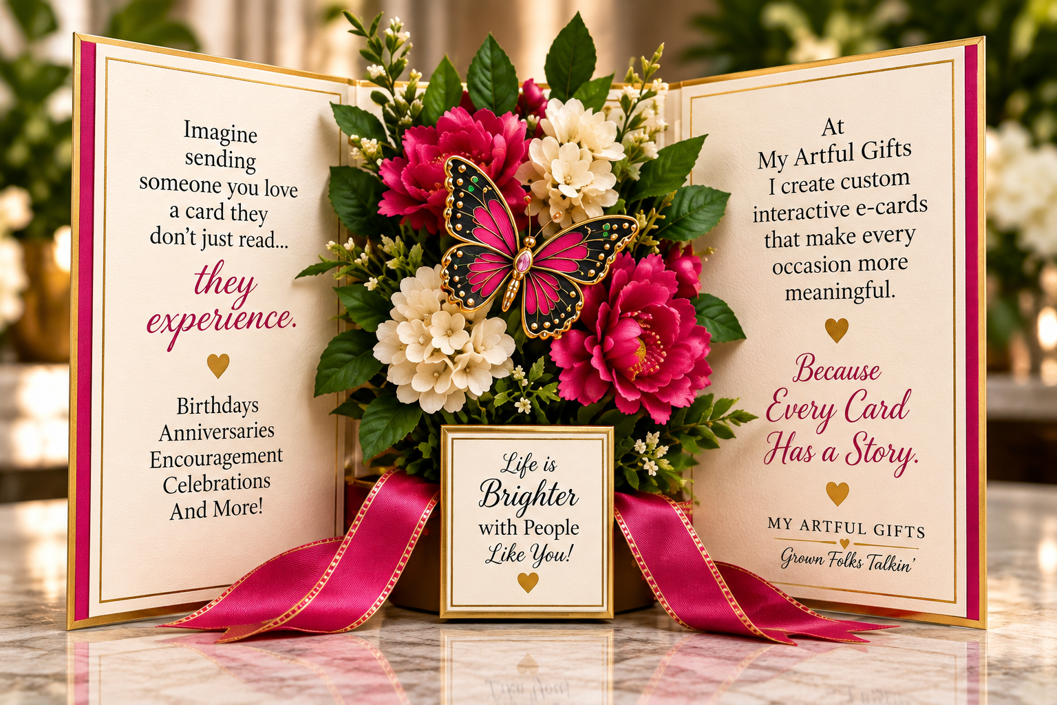 Open My Artful Gifts interactive card with flowers, butterfly and message