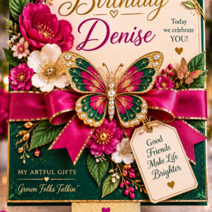 Emerald, fuchsia and gold interactive pull-down birthday e-card by My Artful Gifts