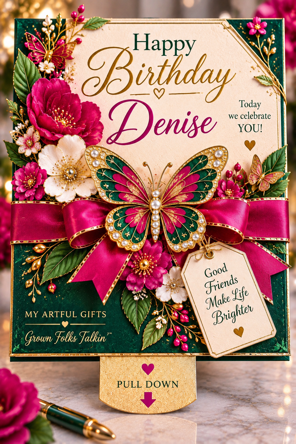 Emerald, fuchsia and gold interactive pull-down birthday e-card by My Artful Gifts