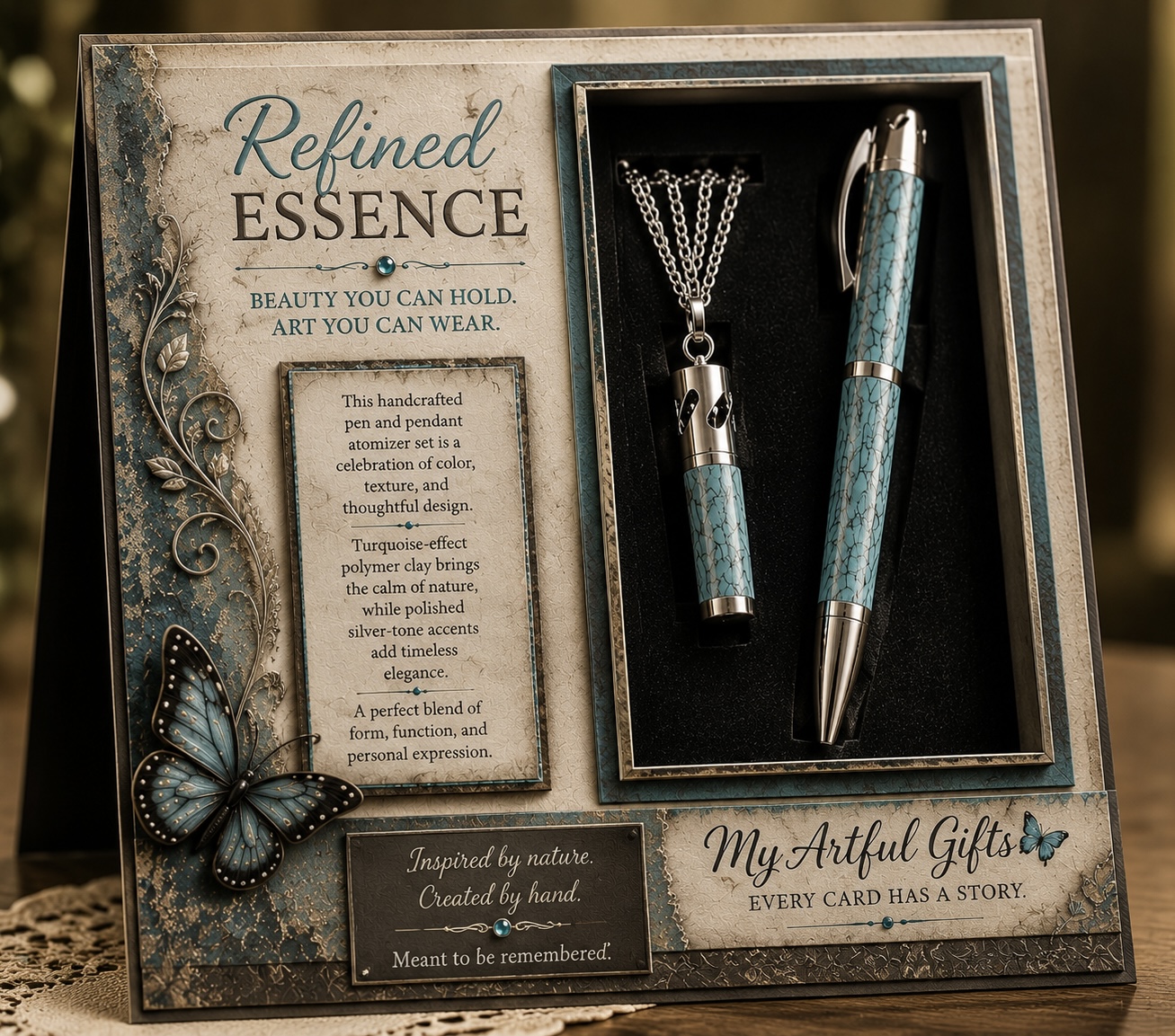 Handcrafted turquoise-effect polymer clay aromatherapy writing pen and pendant keepsake gift by My Artful Gifts