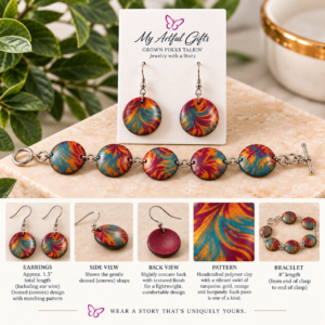 Handcrafted polymer clay bracelet and domed earring set by My Artful Gifts