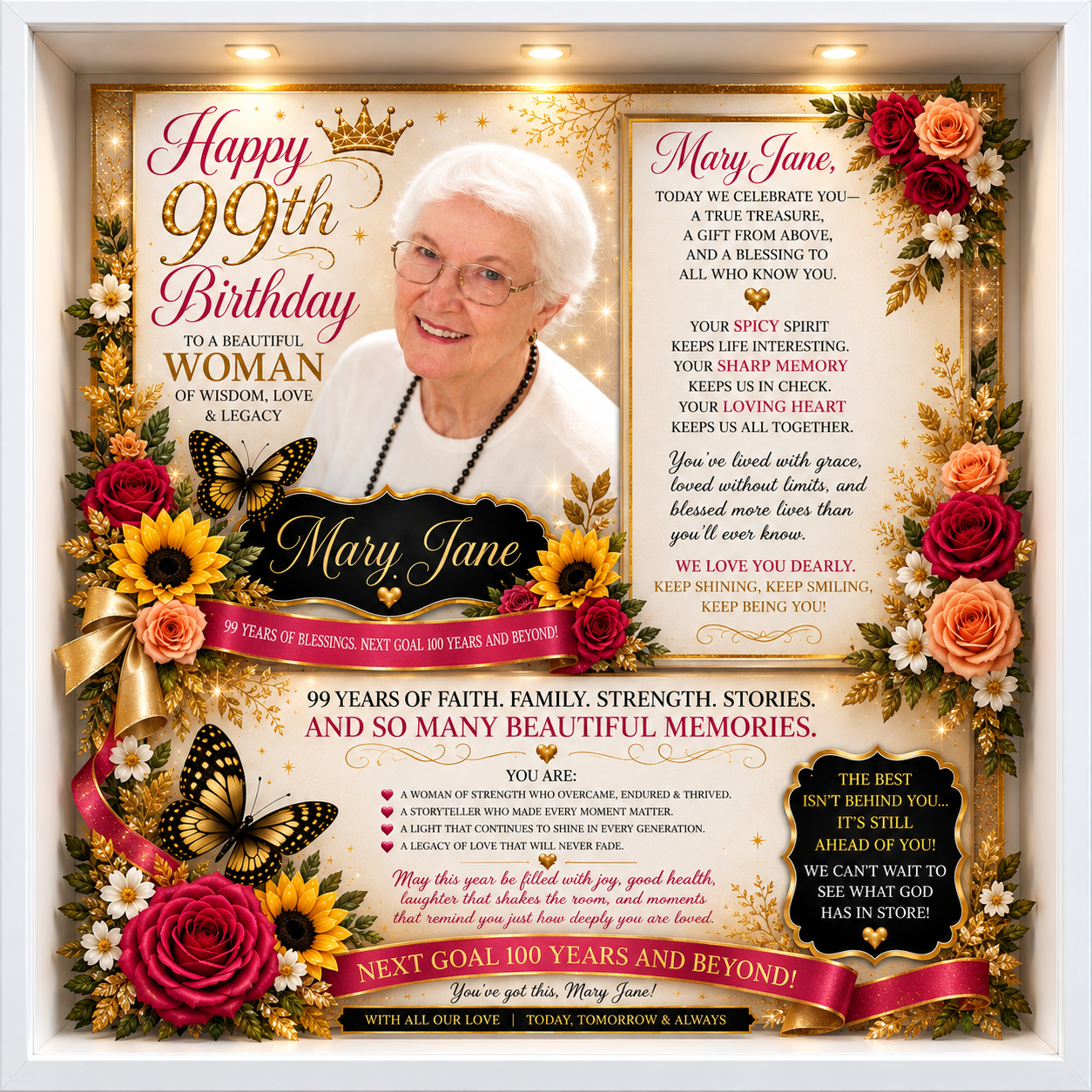 Personalized Mary Jane 99th birthday milestone shadow box by My Artful Gifts