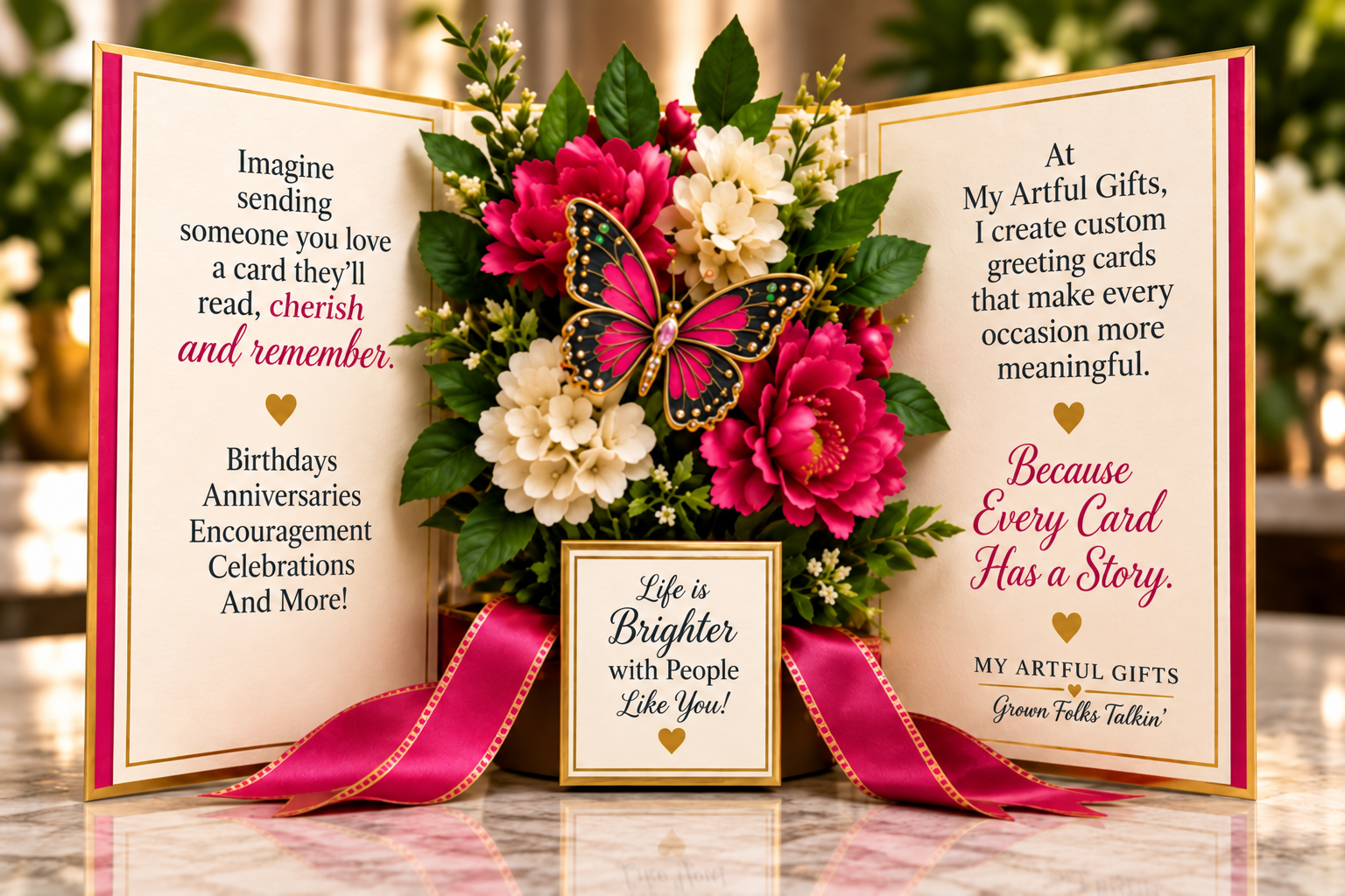 My Artful Gifts Open My Artful Gifts card with flowers, butterfly and a message about custom greeting cards